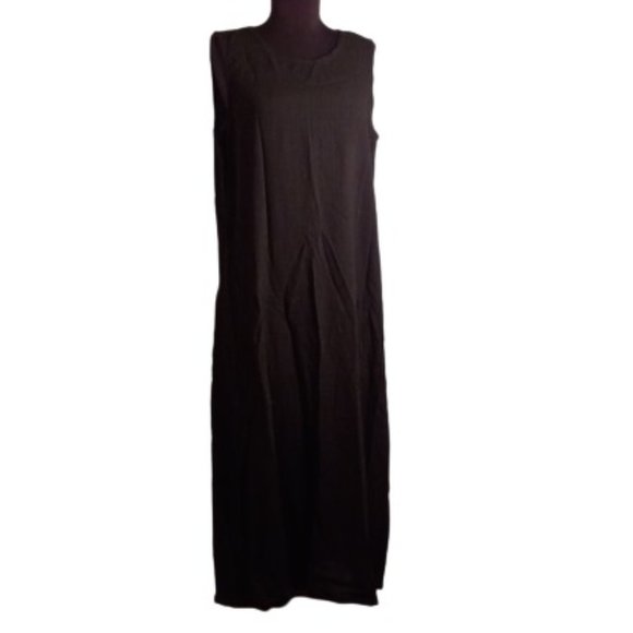 Eileen Fisher M Black Linen Maxi Shift Dress Summer Tank Keyhole Sleeveless
